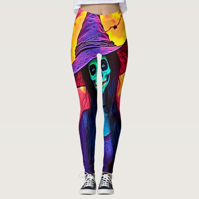 Leggings Sorcière d'Halloween avec conception de visage crâ (Devant)