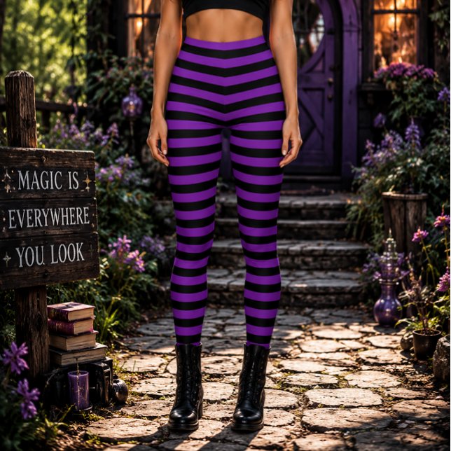 Leggings Sorcière Méchante Halloween rayé violet et noir (Créateur téléchargé)