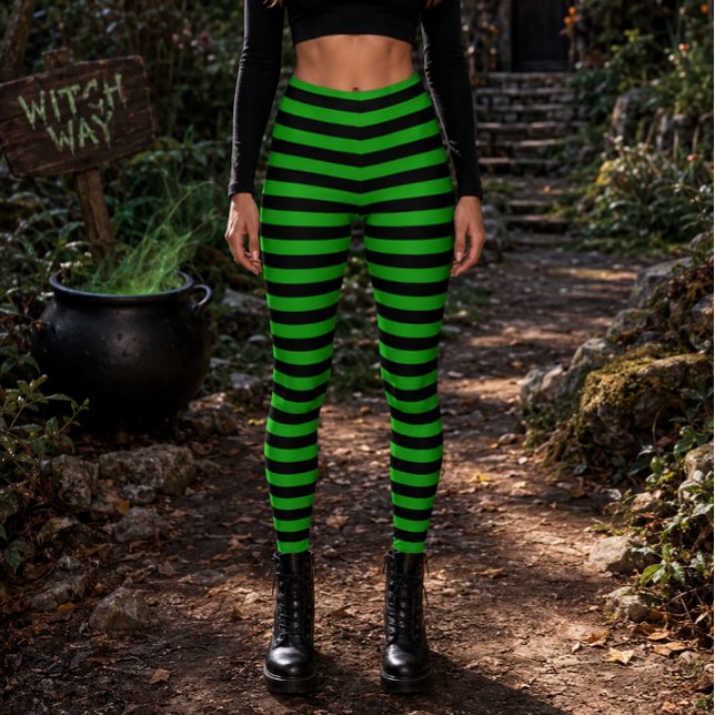 Leggings Sorcière Méchante Halloween rayée vert et noir (Créateur téléchargé)
