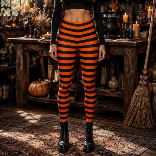 Leggings Sorcière Méchante Orange et Noir Rayures Halloween (Créateur téléchargé)