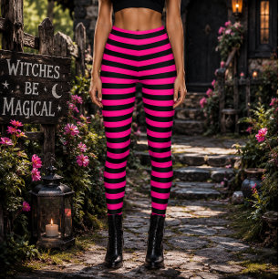 Leggings Sorcière Méchante Rose et Noir Rayé Halloween