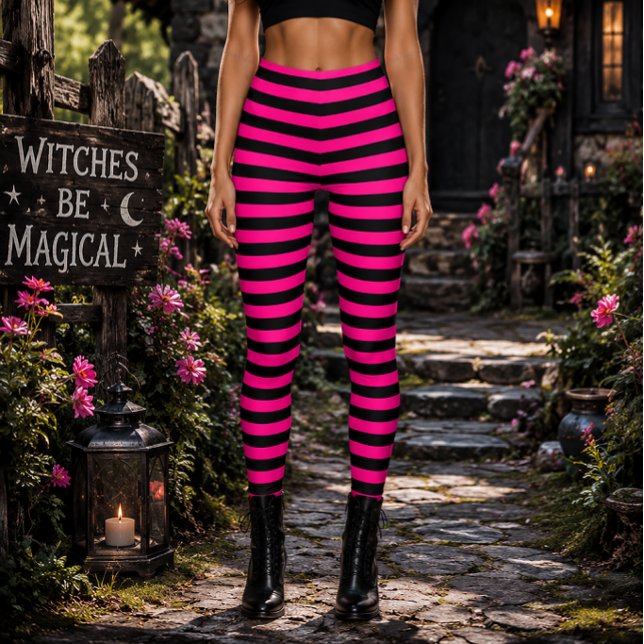 Leggings Sorcière Méchante Rose et Noir Rayé Halloween (Créateur téléchargé)