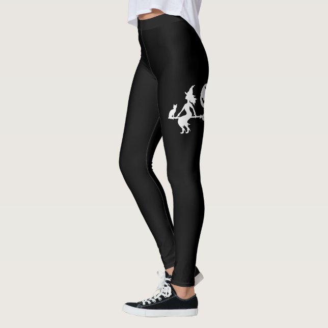 Leggings Sorcière Sur Un Balai Noir Et Blanc Joyeux Hallowe (Gauche)