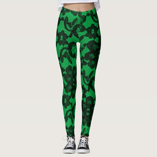 Leggings Spandex Elegant Faux Lace Vert & Noir (Devant)