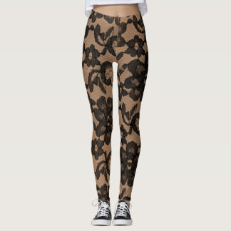 Leggings Spandex Tan & Black Elegant Faux Lace