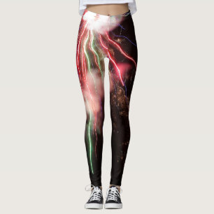 Leggings Spectaculaire feu d'artifice rouge vert ciel noir