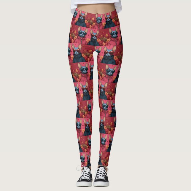 Leggings Sphynx Chat avec Coeur Roses Saint-Valentin (Devant)