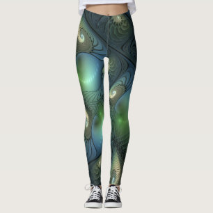 Leggings Spirales Turquoise Beige Vert Abstrait Fractal Art