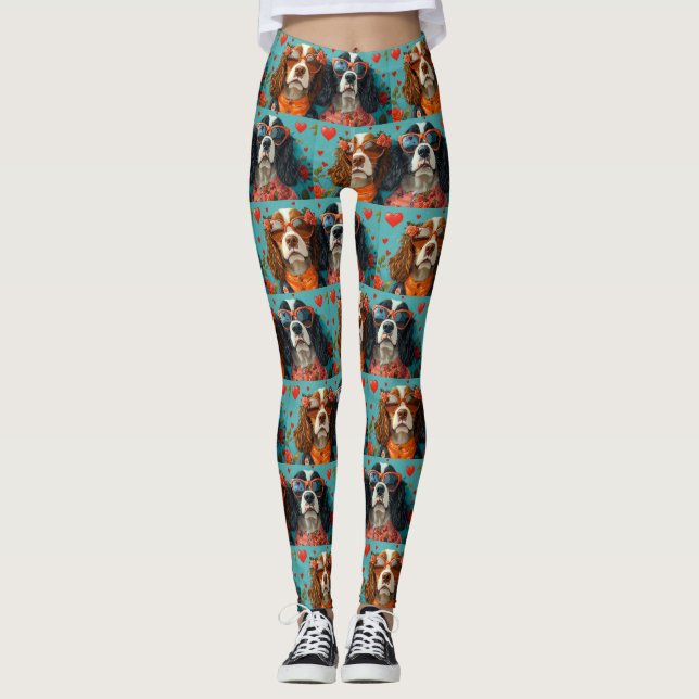 Leggings Springer Spaniel avec Roses de cœur Saint-Valentin (Devant)