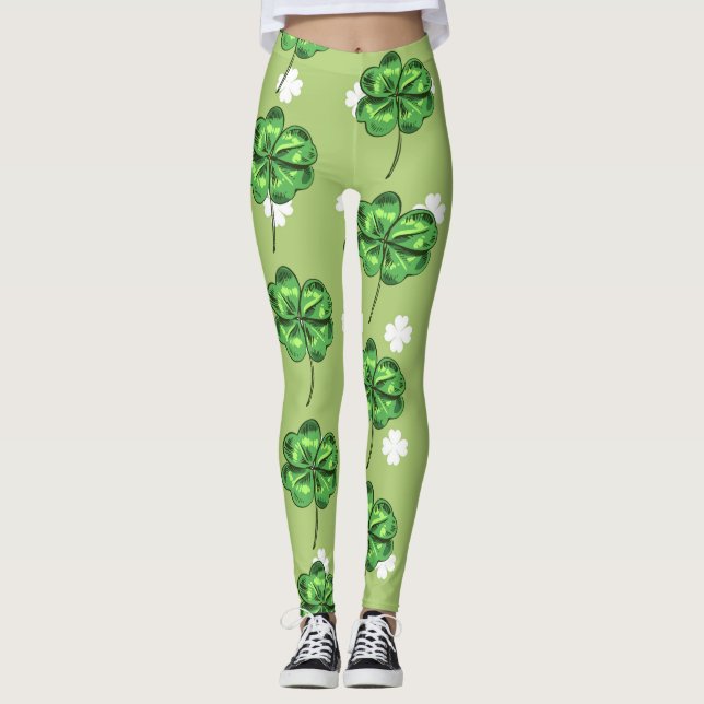 Leggings St Patrick's Day avec shamrocks sur vert (Devant)