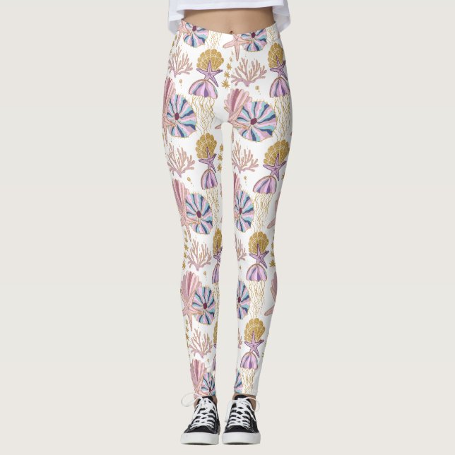 Leggings Starfish Seashell bleu violet rose Océan Nautique (Devant)