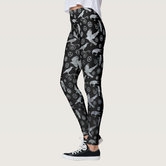 Leggings Steampunk Silver Zinc Crows et engrenages (Gauche)