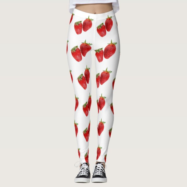 Leggings Strawberry Seamless Pattern – Cute Red Fruit on Wh (Devant)