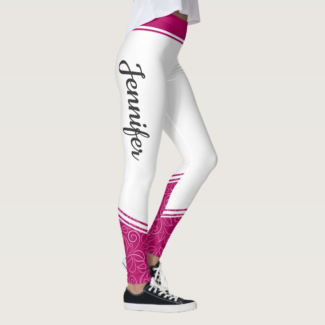 Leggings Style blanc magenta floral blanc rayures & nom (Droite)