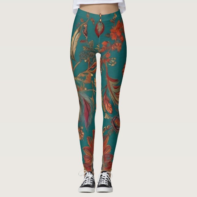 Leggings Style bohème Emerald & Ruby Feather Imprimer (Devant)
