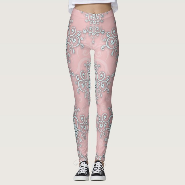 Leggings style boho damassé rose clair et gris (Devant)