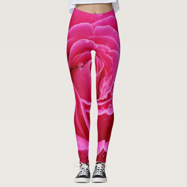 Leggings style chic moderne floral vert rouge Rose (Devant)