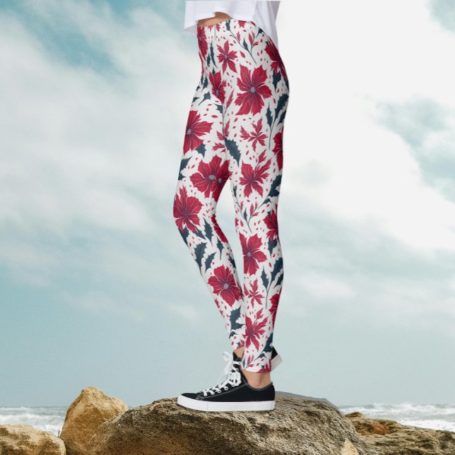 Leggings Style Chic Rouge Blanc Poinsettia Motif Floral (Créateur téléchargé)