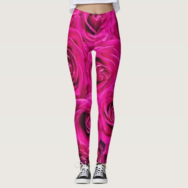 Leggings style moderne vert floral roses noir roug (Devant)