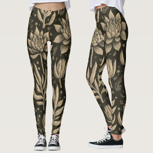 Leggings Style Monochrome Boho Succulents Motif Floral