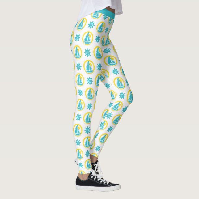Leggings Stylé Nautique Voilier Bleu Jaune Yoga (Droite)