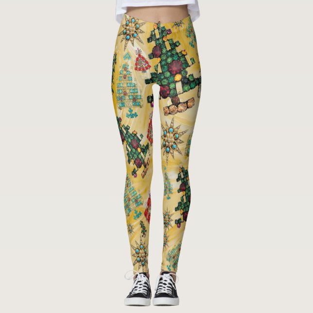 Leggings Style Noël Arbre Bijou Bling Jaune (Devant)
