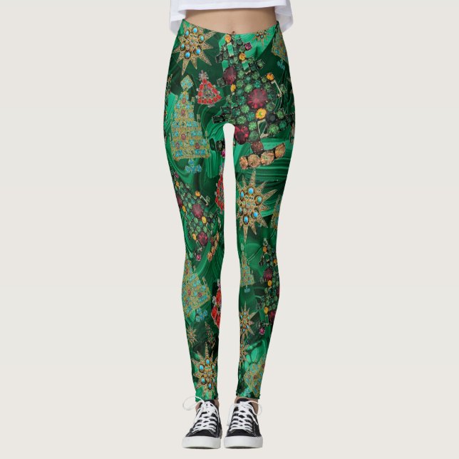 Leggings Style Noël Arbre Bijou Bling Malachite (Devant)