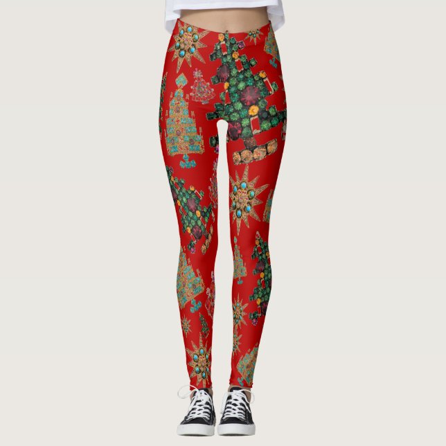 Leggings Style Noël Arbre Bijou Bling Rouge (Devant)