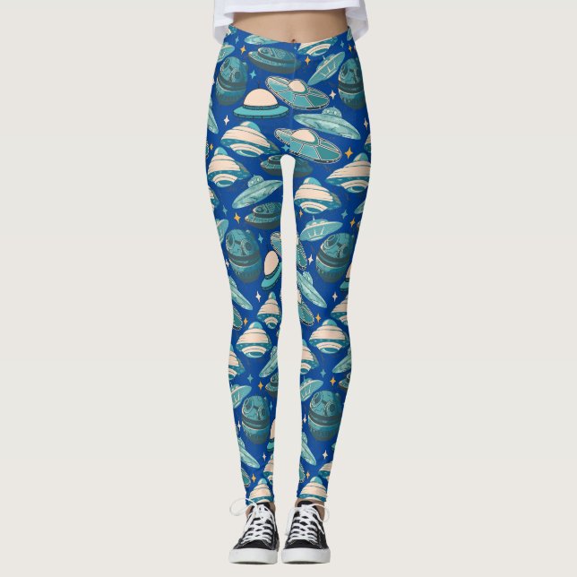 Leggings Style rétro Motif UFO. BG bleu (Devant)