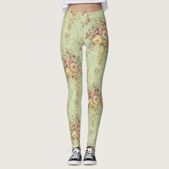 Leggings Style Victorien Vert Sage Français Rococo Floral (Devant)