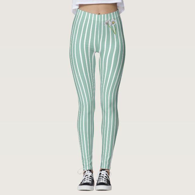 Leggings Stylish Duck Egg Blue Striped Watercolor Daisy  (Devant)