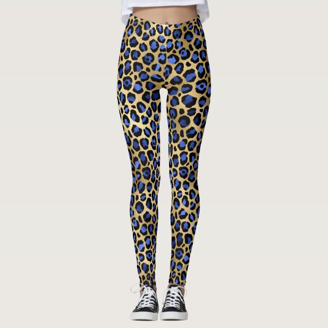 Leggings Stylish Royal Blue and Gold Foil Leopard Spots (Devant)