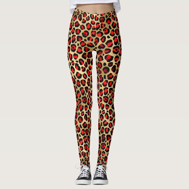 Leggings Stylish Scarlet Red and Gold Foil Leopard Spots (Devant)