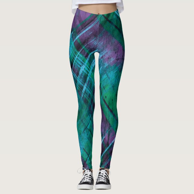 Leggings Stylo Distress Plaid Check Purple Green Tartan (Devant)
