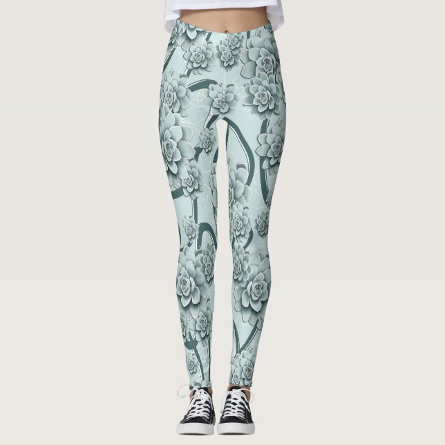 Leggings Succulents bleus à la menthe sur les treillis vert (Devant)