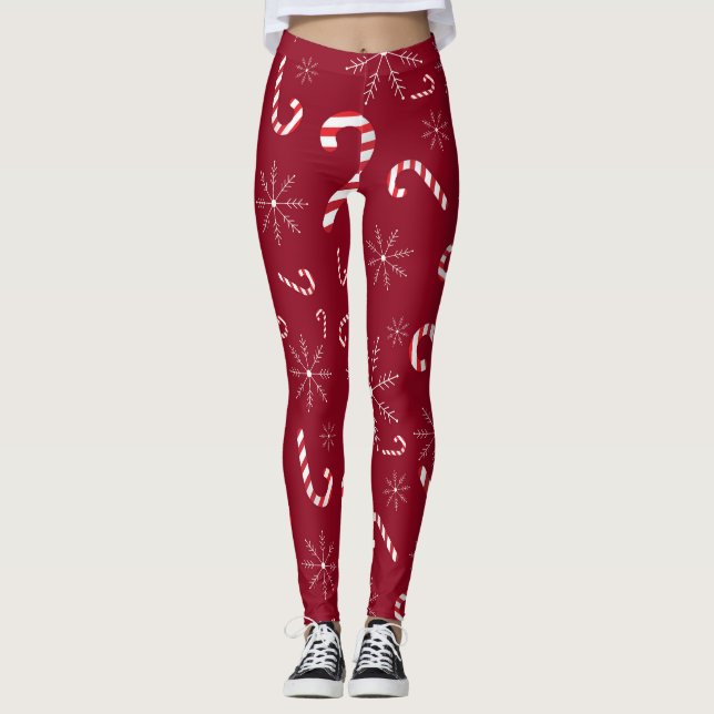 Leggings Sucre de canne Festif de Noël Rouge Snowflakes mig (Devant)
