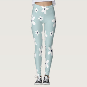 Leggings Summer Boho Blue White Daisy Flowers