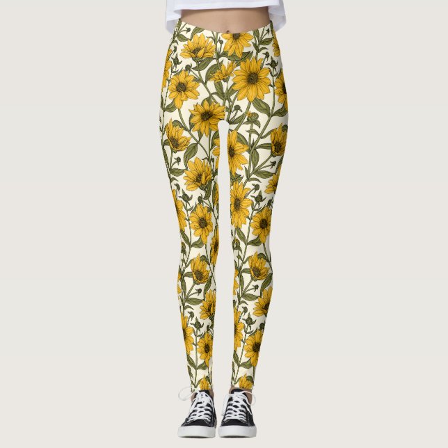 Leggings Sunroot, tournesol sauvage sur blanc (Devant)
