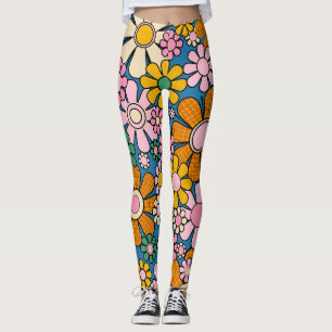 Leggings Super Retro 60s Hippie Fleurs joyeux Vintage