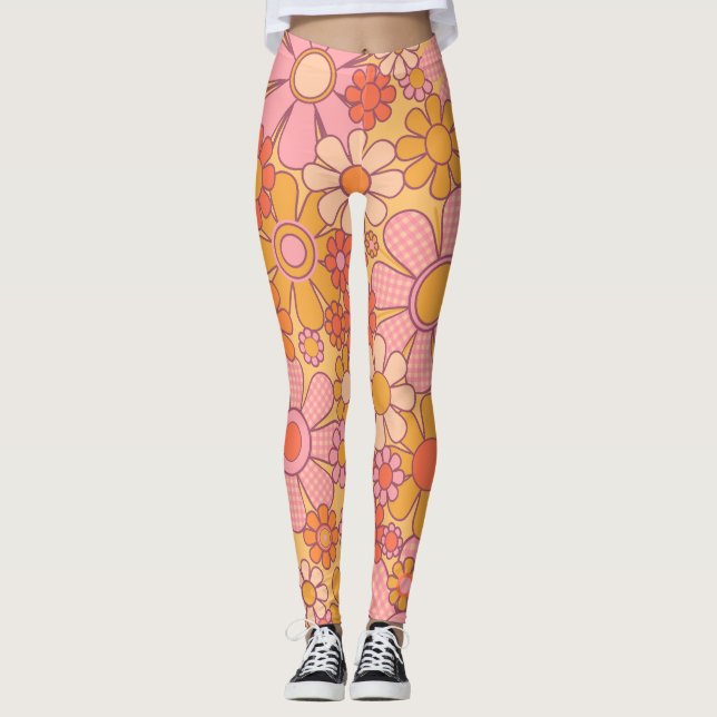 Leggings Super Retro 60s Hippie Fleurs joyeux Vintage (Devant)
