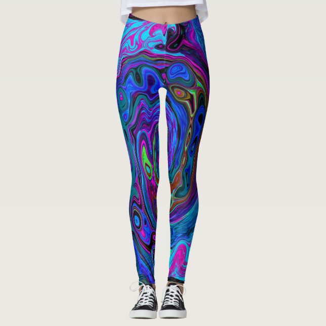 Leggings Super Retro Blue et Purple Swirl Abstrait (Devant)