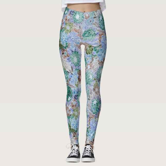 Leggings Super Retro Blue Protea Et Motif Daisy (Devant)