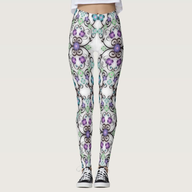 Leggings Superbe motif de dentelle de fleurs bleu violet  (Devant)