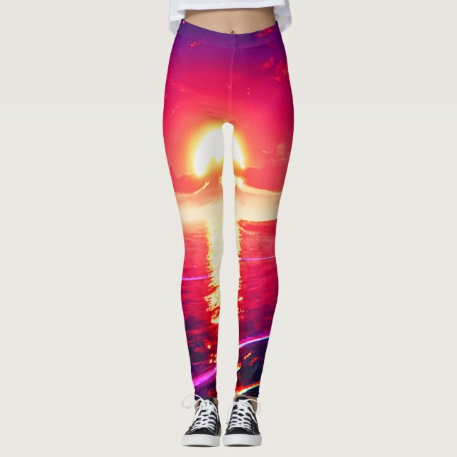 Leggings Synthwave numérique Sunset Sea Reflection (Devant)