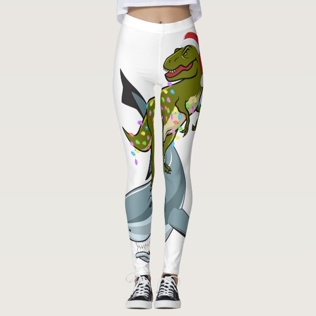Leggings T-rex de Noël avec lumières de Noël Rinçant un req (Devant)