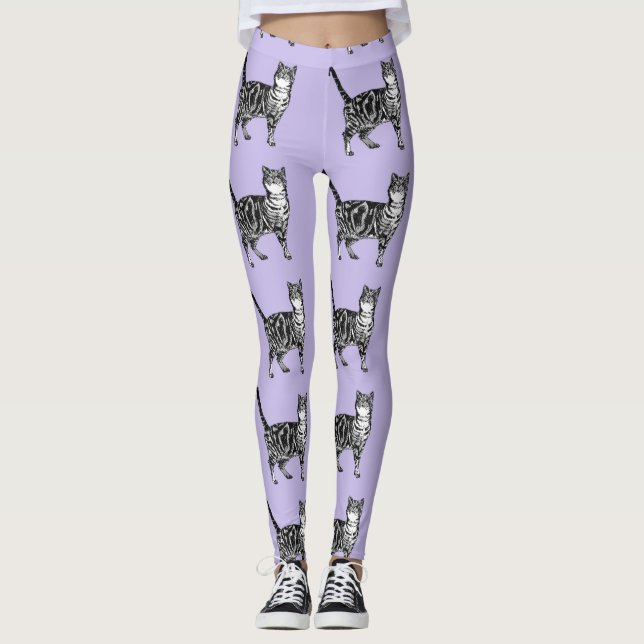 Leggings Tabby Cat Cool Animal Légendes noires et violettes (Devant)
