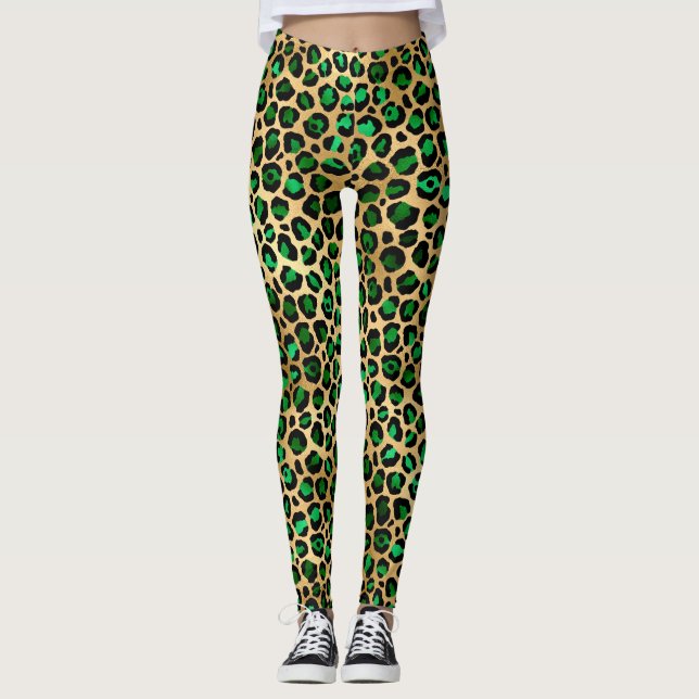 Leggings Taches de léopard en or et vert foncé élégant (Devant)