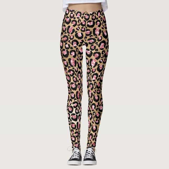 Leggings Taches de léopard pailletées de rose clair et glam (Devant)