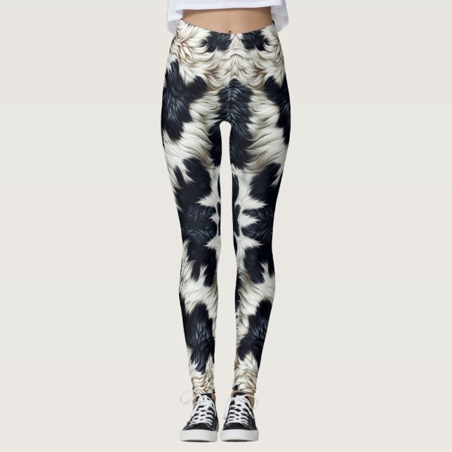 Leggings Taches de vache noires et blanches à l'aspect poil (Devant)