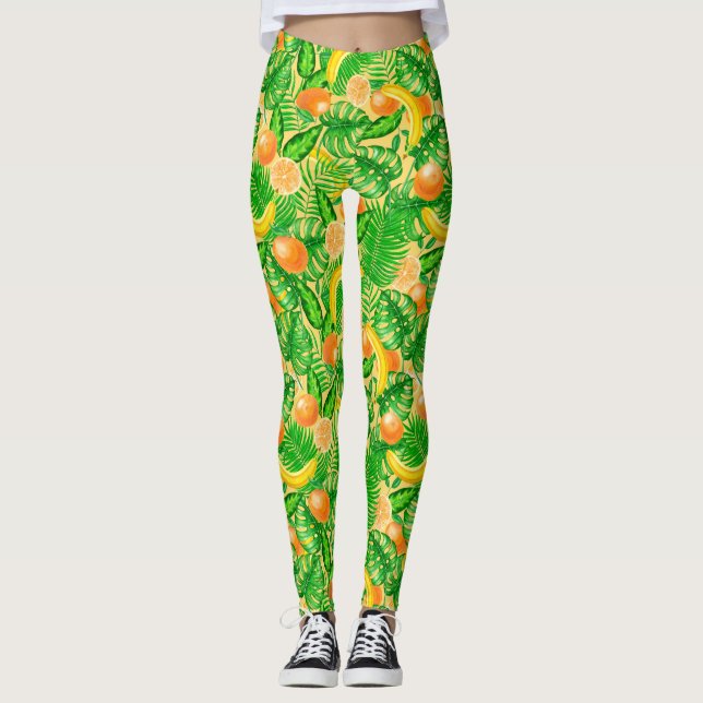 Leggings Tangerines, bananes et feuilles tropicaux (Devant)